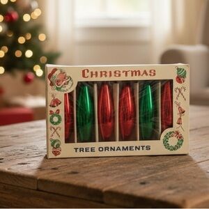 Set of 6 Vintage 50’s Oblong Mercury Glass Christmas Ornaments | Red & Green